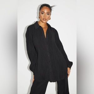 PRETTYLITTLETHING Black Plisse Oversized Shirt (10T)